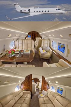 the inside of an airplane with two couches and a table in front of it