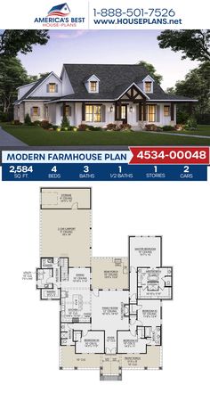 the floor plan for this modern farmhouse house is shown in two different colors and sizes