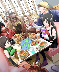 a group of people sitting around a table with food on it