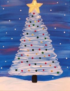 a painting of a white christmas tree with gold star on top and blue sky in the background