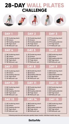 the 28 - day wall plank challenge is shown in pink and white, with instructions for each