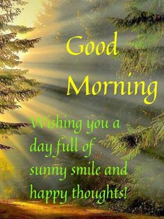 the words good morning are written in green and yellow with sun rays coming through trees