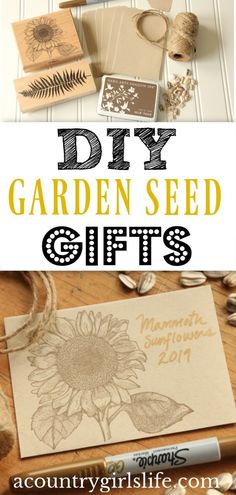 the words diy garden seed gifts are shown in black and white with sunflowers