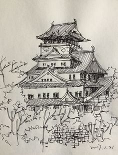 an ink drawing of a pagoda with trees in the background