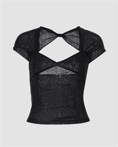 a women's black top with an open back and sheer mesh detailing on the shoulders