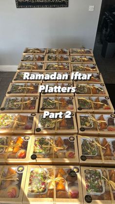 a table topped with lots of trays filled with different types of food and words reading ramadan far platters part 2