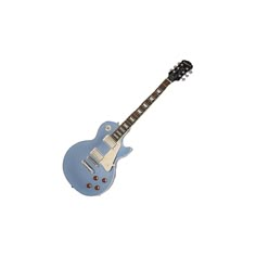 an electric guitar with a blue body and neck, sitting on a white surface in front of