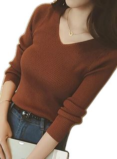 Brown Knitted V-neck Sweater, Brown Knitted V-neck Top, Brown V-neck Sweater, Brown V-neck Knit Top For Winter, Casual Brown V-neck Knit Top, Ribbed Stretch V-neck Sweater, Brown V-neck Knit Top For Spring, Fitted Brown V-neck Knit Top, Fitted Brown Knit Top With V-neck