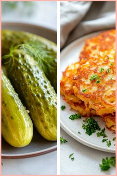 two pictures of different types of food and one has zucchini on the side