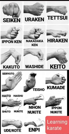 different types of hands with the words learning karate written in each hand and below them