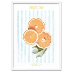 an orange print with the words aranccia on it and three slices cut in half