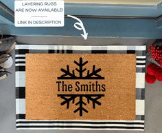 a door mat that says the smiths next to shoes and other items on the floor