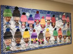 Montessori Winter Bulletin Board #rhms #christmas #bulletinboard #bulletin #board #montessori #fireplace #education #RHMS #montessorischool #art #school #artwork #elementary #montessoriart #education #teachers #teacher #teacherideas #teaching #ideas #student #students #classroom #holiday #preschool #winter #snow #hats December Bulletin Boards, School Hallway, Christmas Bulletin Board, January Crafts