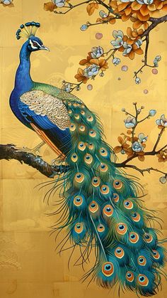 a painting of a peacock sitting on a tree branch with its tail feathers spread out