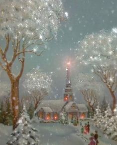 a painting of people walking in the snow near a church and trees with lights on