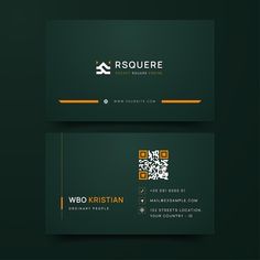 a business card with an orange and black design on the front, green back and yellow accents