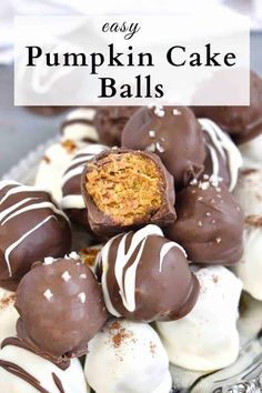 chocolate covered pumpkin cake balls in a glass bowl with text overlay that reads easy pumpkin cake balls