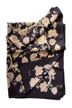 This sophisticated floral print on silk satin will be sure to garner compliments. 100% Made in Como, Italy. Generous size: Approx. 27" x 78". You can wear this wrap as an elegant evening shawl and also as a daytime scarf. A timeless addition to your wardrobe. 100% silk satin: A luxuriously soft fabric with a lustrous sheen on one side and a gentle matte finish on the other that feels oh-so sumptuous. Unlike common polyester satin, our satin is pure silk, offering unmatched elegance and quality. Luxury Silk Floral Print Scarves, Luxury Silk Scarves With Floral Print, Elegant Silk Scarves With Satin Finish, Luxury Black Silk Scarves, Elegant Floral Print Scarves For Formal Occasions, Formal Satin Scarves With Satin Finish, Elegant Formal Scarves With Floral Print, Elegant Silk Satin Scarf, Formal Satin Scarves