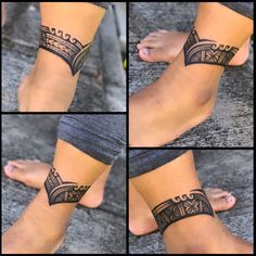 four different pictures of a woman's foot with tattoos on it and the bottom part of her leg