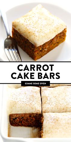 carrot cake bars with cream cheese frosting on top and the words carrot cake bars above it