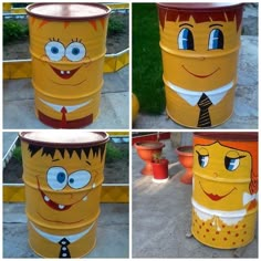 four pictures of the same yellow barrel with different faces on it, and one is wearing a tie