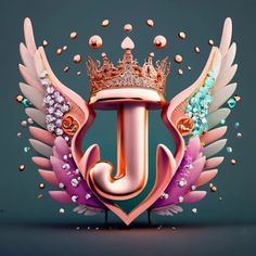 the letter j with wings and a crown on it's head is surrounded by jewels