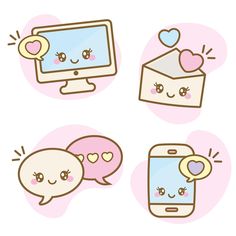 four different types of cell phones with hearts and faces on the screen, one has a speech