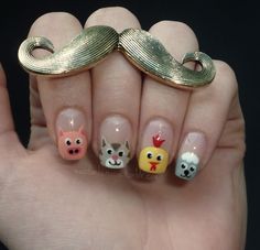 Farm Animals Nail Art by moustache manis Farm Animal Nails, Animals Nail Art, Nails Animals, Animal Nail Designs, Animal Print Nails Art, Animal Nail Art, Art Designs Ideas, Nail Art Pictures, Animal Nails