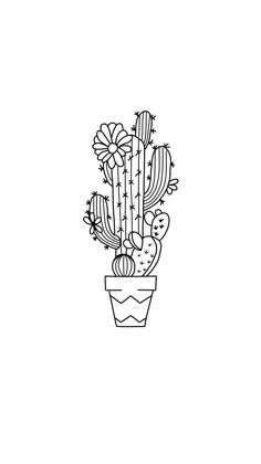 a black and white drawing of a cactus in a pot