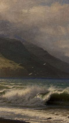 a painting of birds flying over the ocean with mountains in the background and waves crashing on the shore