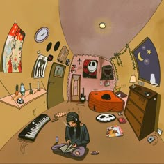 a person is sitting on the floor in a room with many things all around them