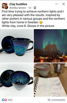 three pictures with different things in them including cups and saucers, an image of the northern lights