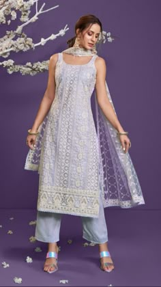 Cotton Thread Embroidery, Utsav Fashion, Party Wear Indian Dresses, Net Dupatta, Thread Embroidery, Indian Fashion Dresses