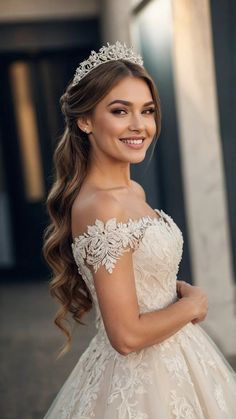 a woman wearing a wedding dress with a tiara on her head and smiling at the camera