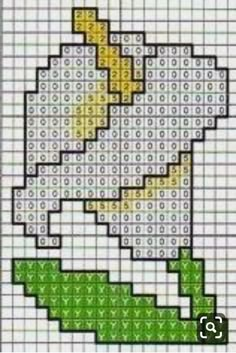 a cross stitch pattern with green and yellow flowers on the bottom, and white background