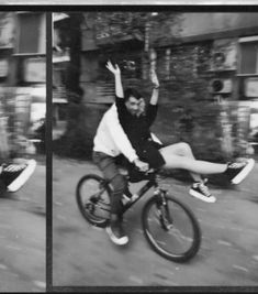 two black and white photos of a man riding a bike with his legs in the air