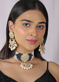 Blue and Pearl Stone Gold Plated Kundan Choker Set Riana by Shikha Jindal - Fabilicious Fashion Kundan Choker Set, Indian Theme, Kundan Choker, Pearl Stone, Indian Wedding Wear, Choker Set, Indo Western, Stone Gold, Wedding Wear