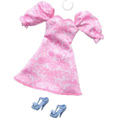 a pink dress and blue shoes are on the white background, with one shoe in the foreground