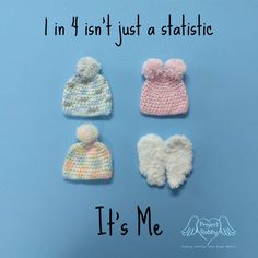 four knitted hats and mittens with the words, i'm 4 isn't just a statistic it's me