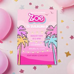 a pink and yellow birthday party card with palm trees on it, surrounded by confetti