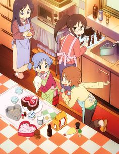 an anime scene with people in the kitchen