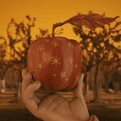 a hand holding up a pumpkin with snowflakes on it