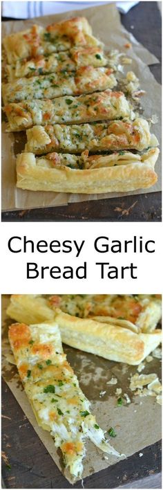 cheesy garlic bread tart on a baking sheet with the text overlay