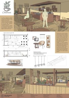 an architectural rendering of a kitchen and living room in a house with wood paneling