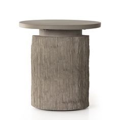 a round table with a wooden base and grey wood grain pattern on the top, in front of a white background