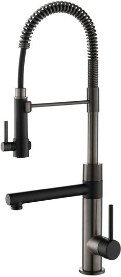 a kitchen faucet with a black handle