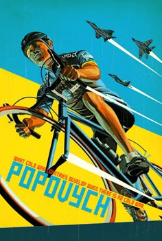 a man riding a bike on top of a yellow and blue background with fighter jets in the sky