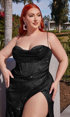 Here's a beautiful plus-size long glitter prom dress that is as sophisticated as it is dazzling. Crafted in glitter fabric from the draped sweetheart neckline to the floor, this plus-size long glitter evening gown is sure to shine for prom, galas, and other black-tie events. A corset bodice adds a sexy vibe to this plus-size long glitter formal dress, while thin shoulder straps attach to the bands that lace up over the open back for a great fit. The faux-wrap long skirt opens in a side slit befo Plus Prom Dresses, Prom Trends, Special Ocassion Dresses, Glitter Prom Dress, Fitted Gowns, Cinderella Divine, Plus Size Gowns, Plus Size Prom, Draped Neckline