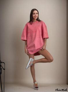 Olivia Mark - Dopamine Alphabet Print Vintage Short-sleeved Relaxed Fit Shirt Spring Short Sleeve Loungewear T-shirt, Spring Loungewear T-shirt With Short Sleeves, Pink Boxy Fit Top For Spring, Casual Pink Boxy Fit Top, Spring Pink Boxy Fit Top, Pink Relaxed Fit Short Sleeve Tops, Boxy Fit Tops For Spring Loungewear, Spring Loungewear Tops With Boxy Fit, Spring Boxy Fit Tops For Loungewear