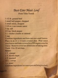 a menu listing the best - ever meat loaf from tillie terrier's